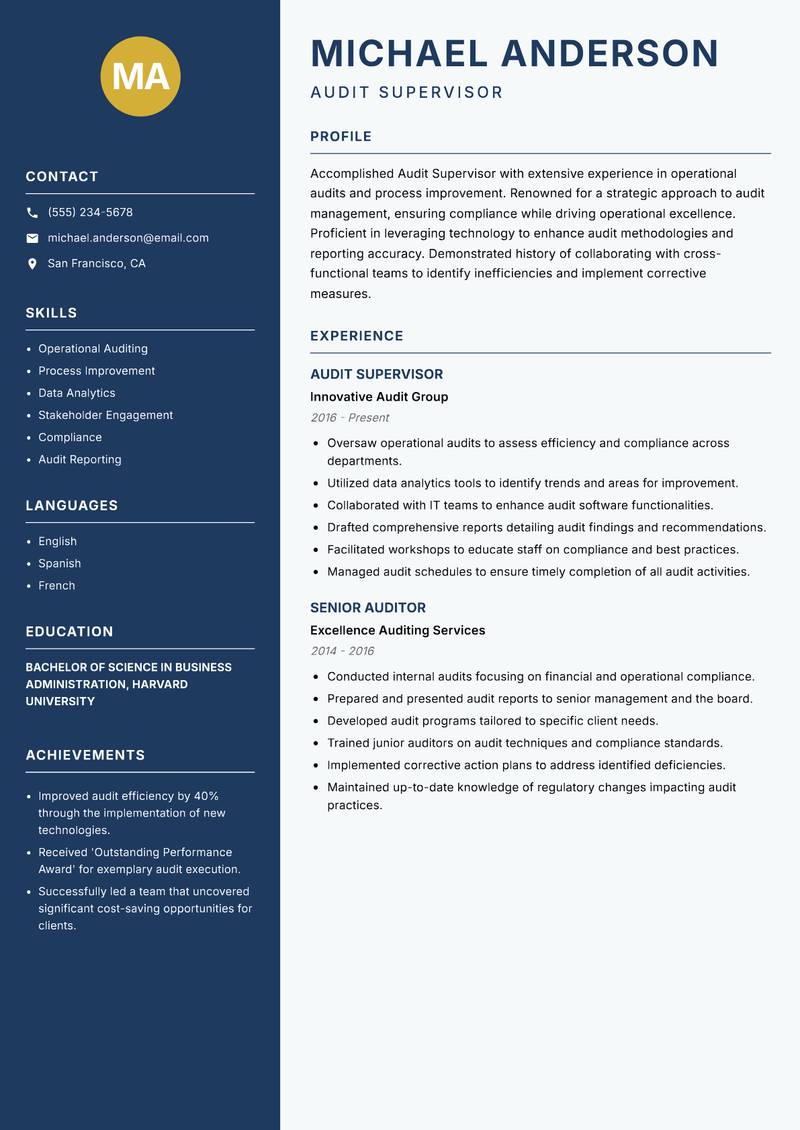 Audit Supervisor resume sample — Audit Supervisor focus