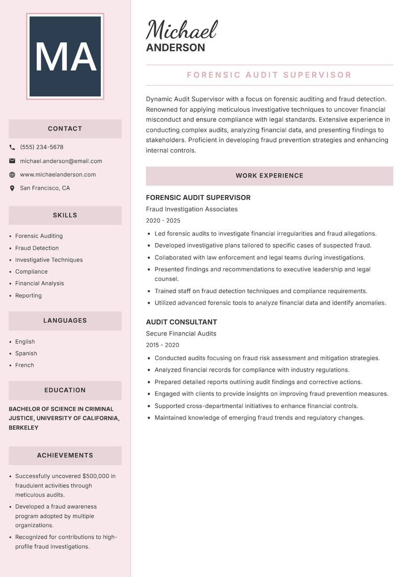 Audit Supervisor resume sample — Forensic Audit Supervisor focus