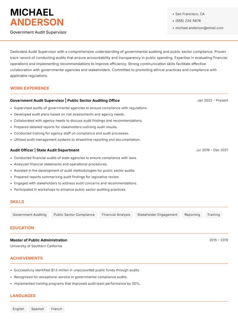 Audit Supervisor resume sample — Government Audit Supervisor focus