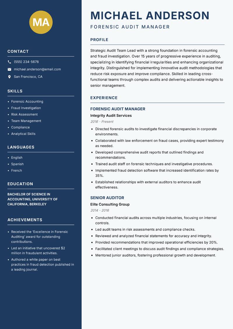 Audit Team Lead resume sample — Forensic Audit Manager focus