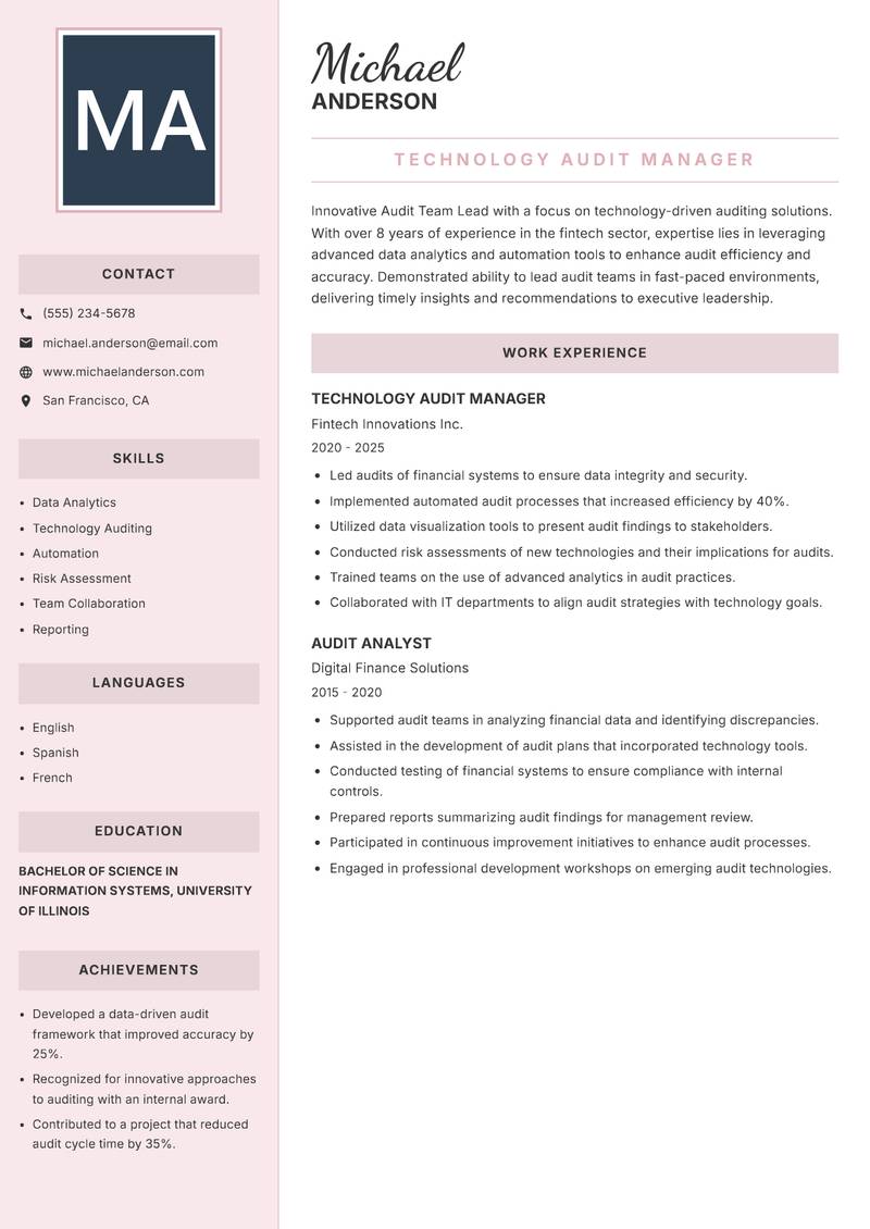 Audit Team Lead resume sample — Technology Audit Manager focus