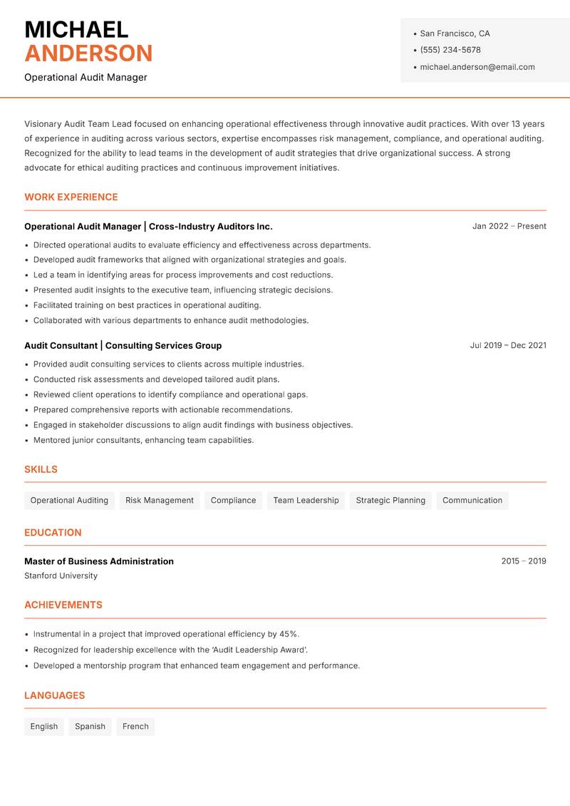 Audit Team Lead resume sample — Operational Audit Manager focus