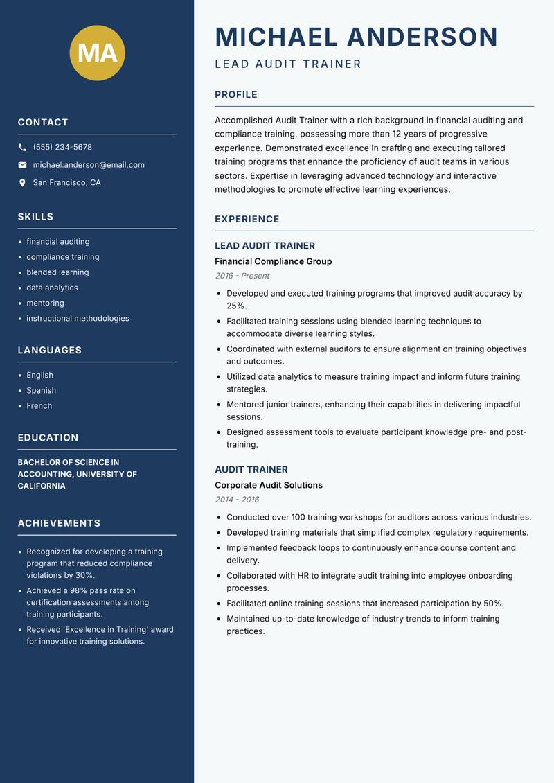 Audit Trainer resume sample — Lead Audit Trainer focus