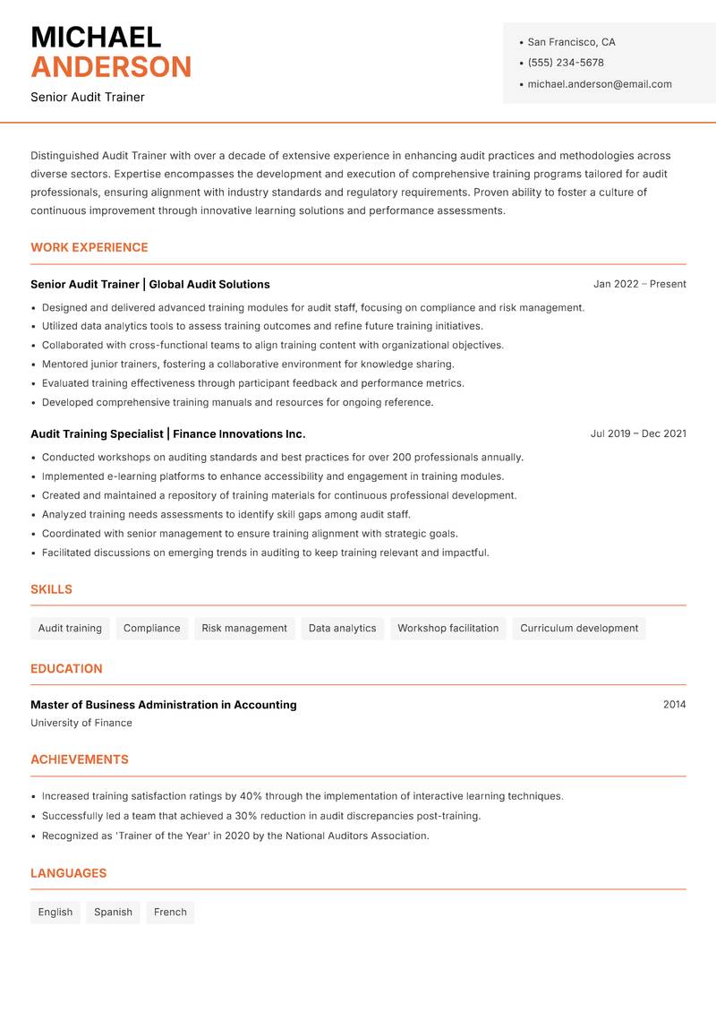 Audit Trainer resume sample — Senior Audit Trainer focus