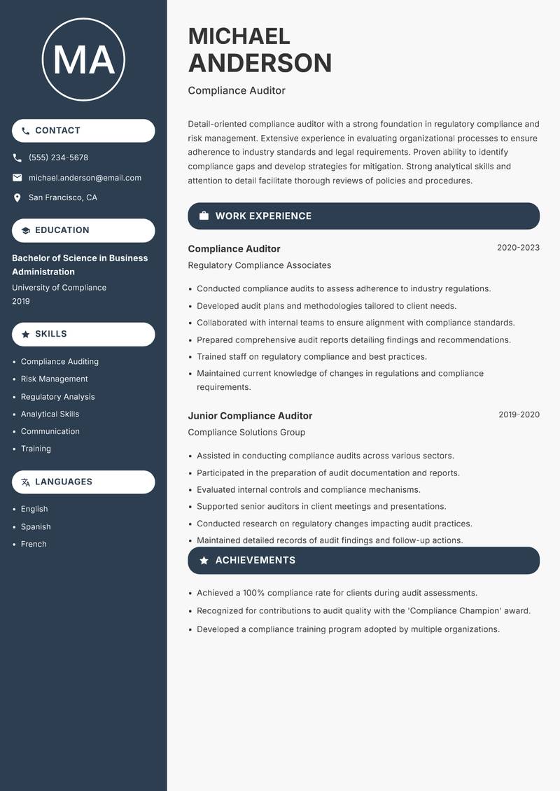 Auditor resume sample — Compliance Auditor focus