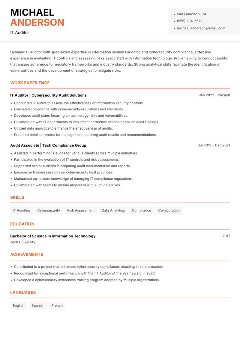 Auditor resume sample — IT Auditor focus