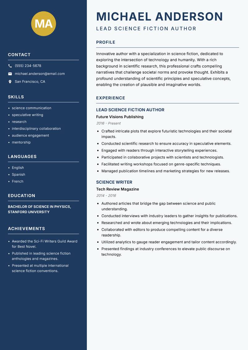 Author resume sample — Lead Science Fiction Author focus