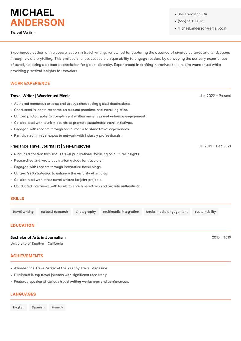 Author resume sample — Travel Writer focus
