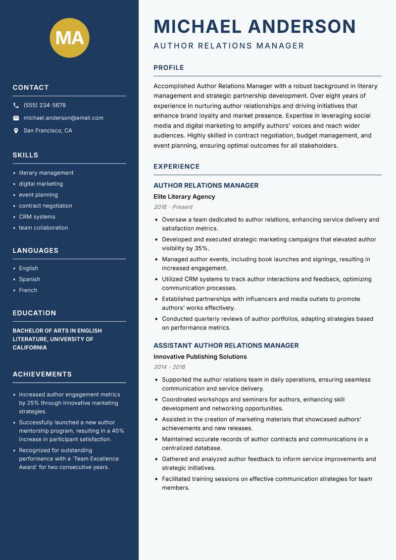 Author Relations Manager resume sample — Author Relations Manager focus
