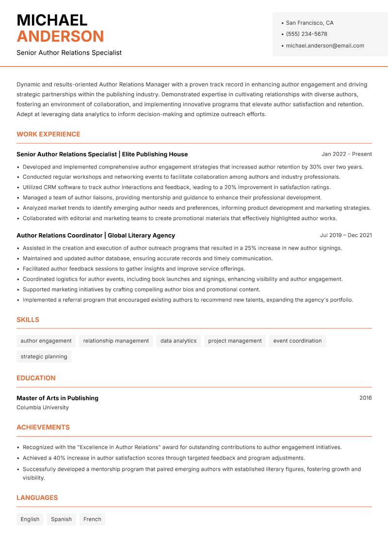 Author Relations Manager resume sample — Senior Author Relations Specialist focus