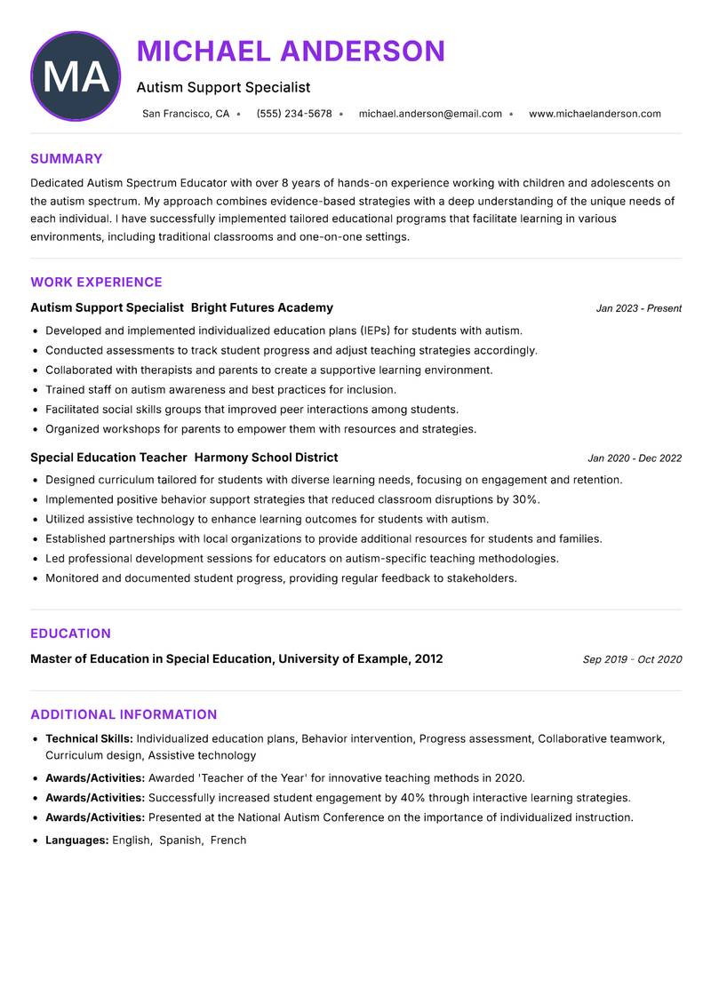 Autism Spectrum Educator resume example — Special Education