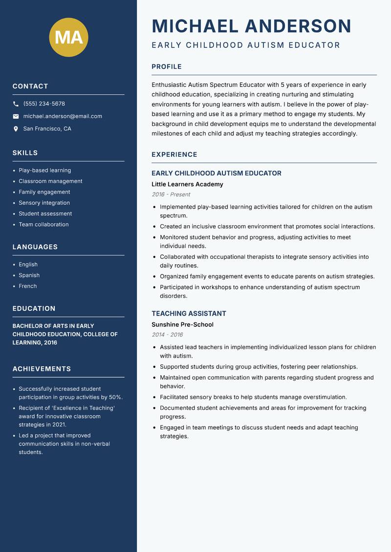Autism Spectrum Educator resume sample — Early Childhood Autism Educator focus