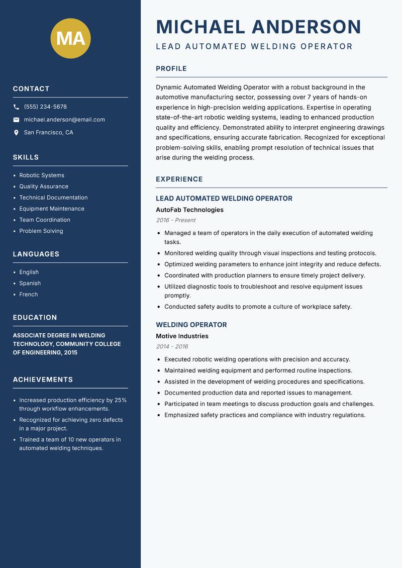 Automated Welding Operator resume sample — Lead Automated Welding Operator focus