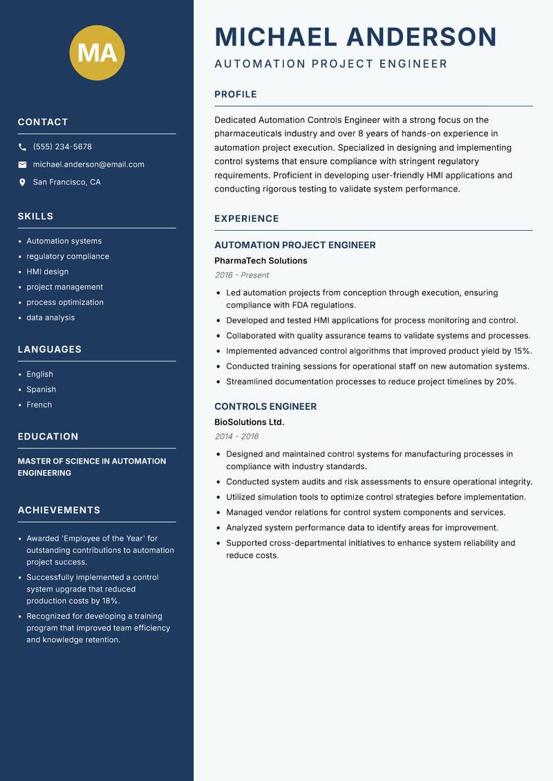 Automation Controls Engineer resume sample — Automation Project Engineer focus
