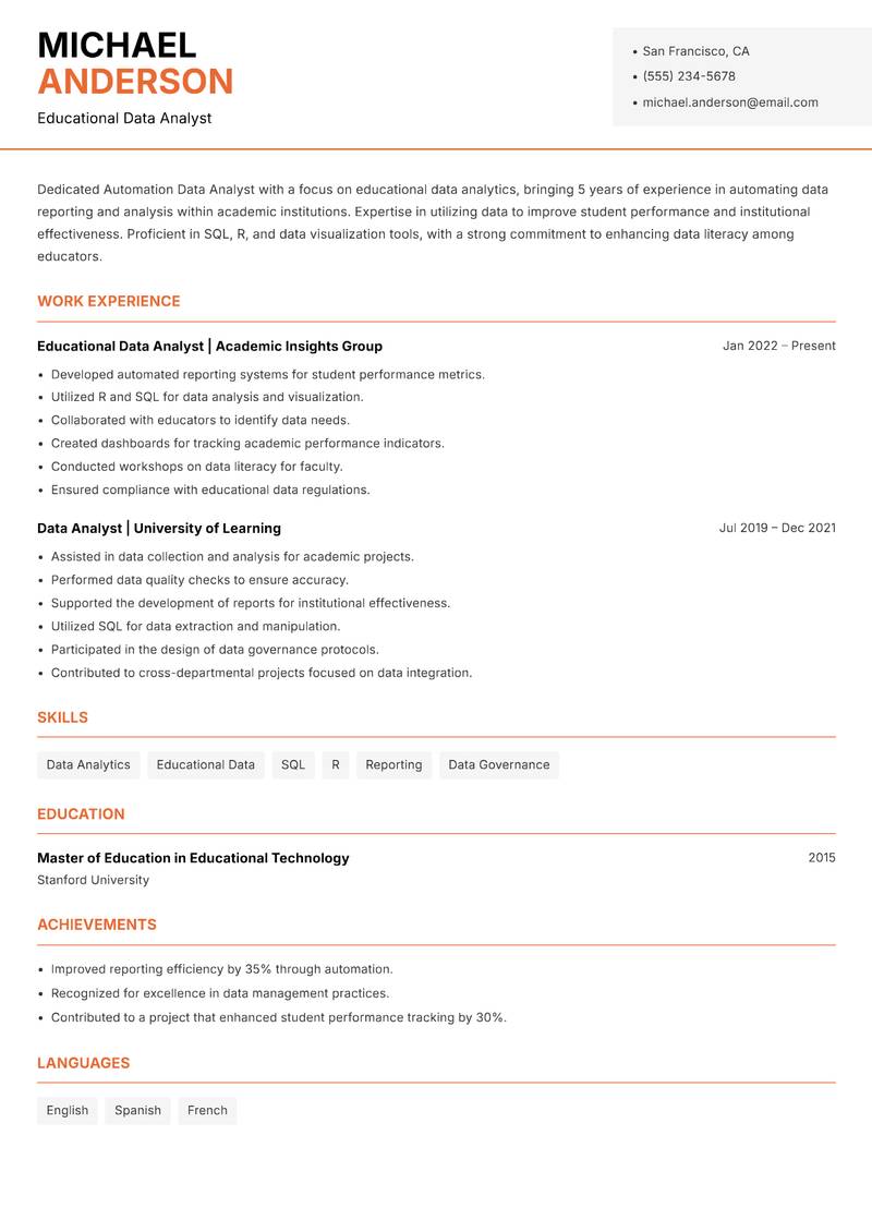 Automation Data Analyst resume sample — Educational Data Analyst focus
