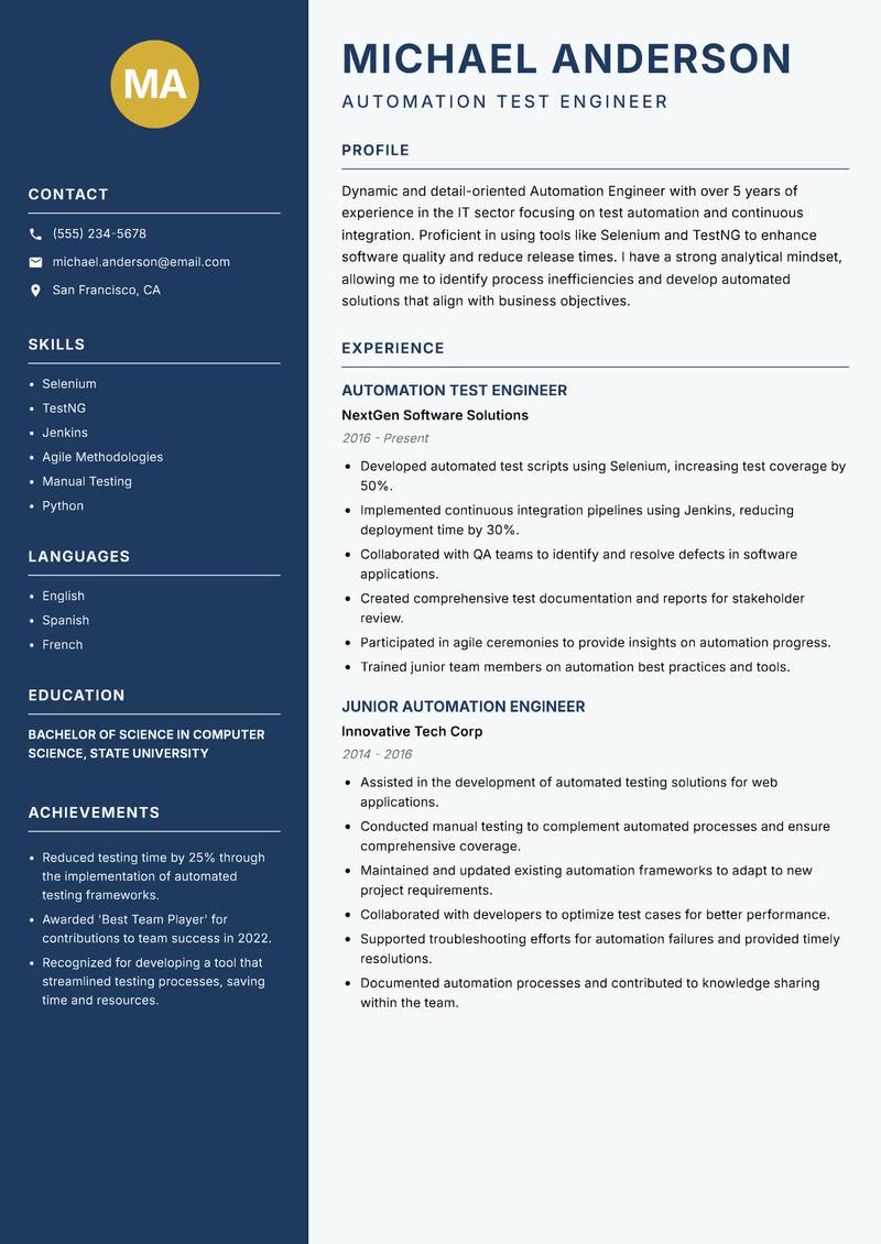 Automation Engineer resume sample — Automation Test Engineer focus