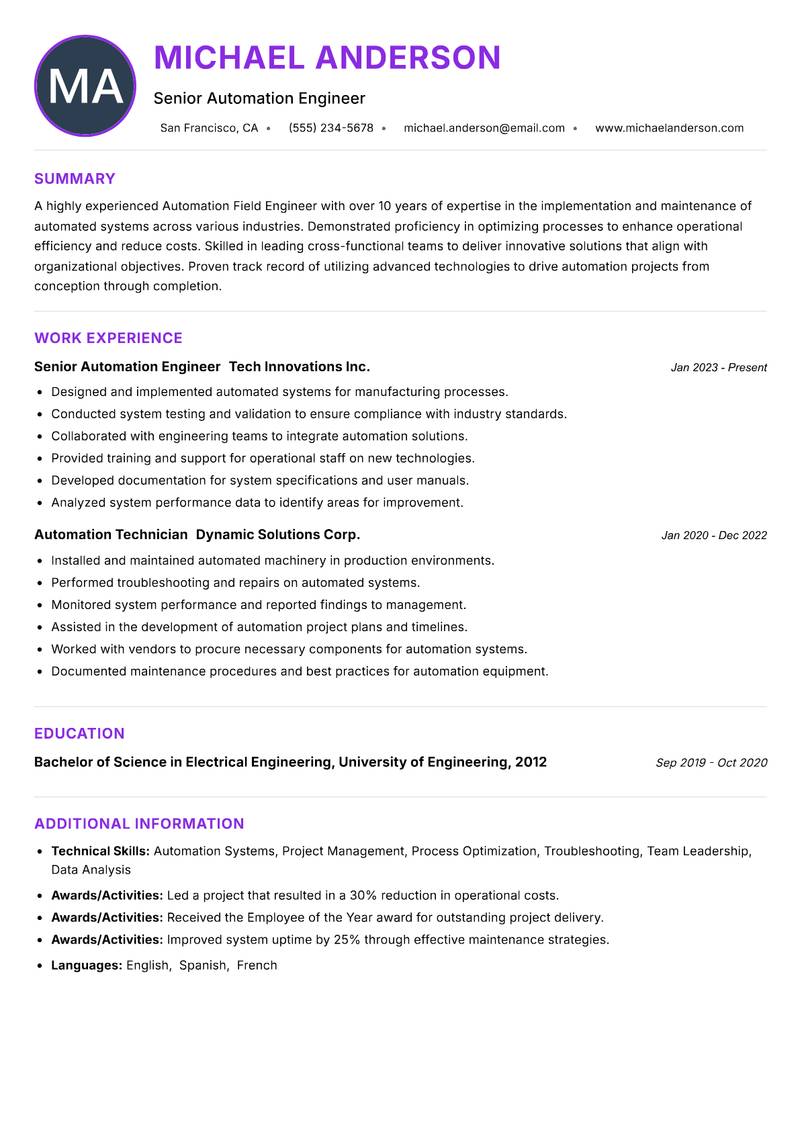 Automation Field Engineer resume example