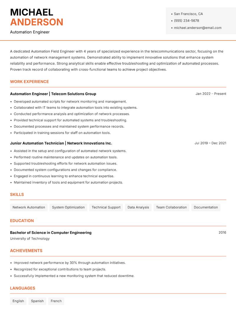 Automation Field Engineer resume sample — Automation Engineer focus