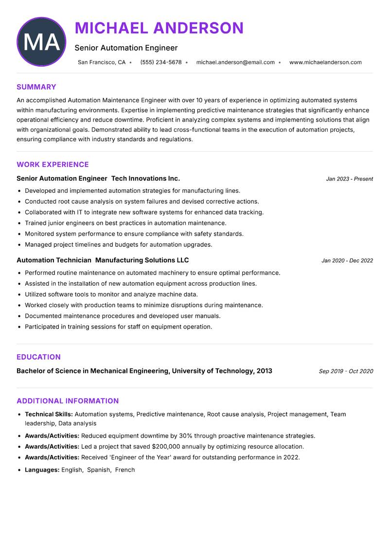 Automation Maintenance Engineer resume example