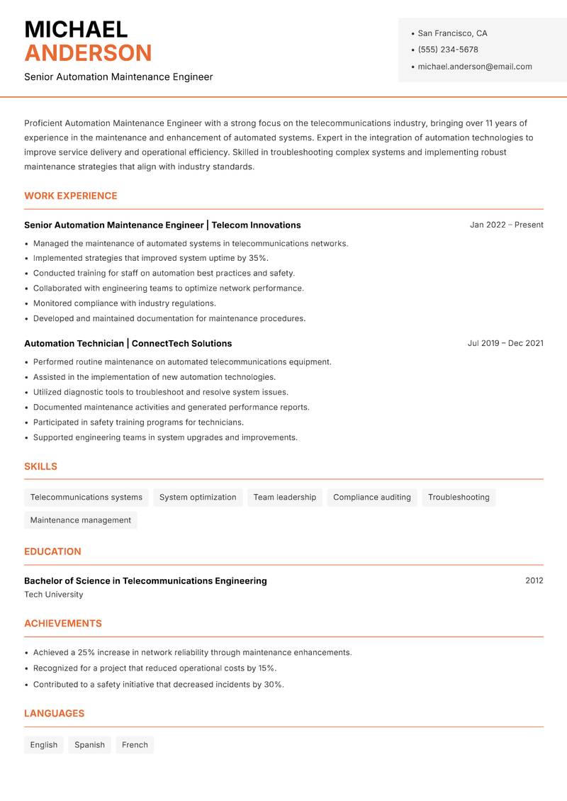 Automation Maintenance Engineer resume sample — Senior Automation Maintenance Engineer focus