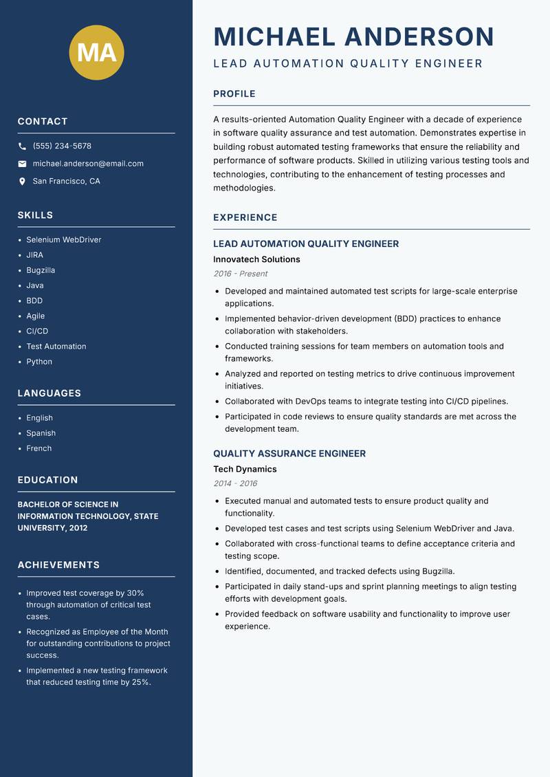 Automation Quality Engineer resume sample — Lead Automation Quality Engineer focus