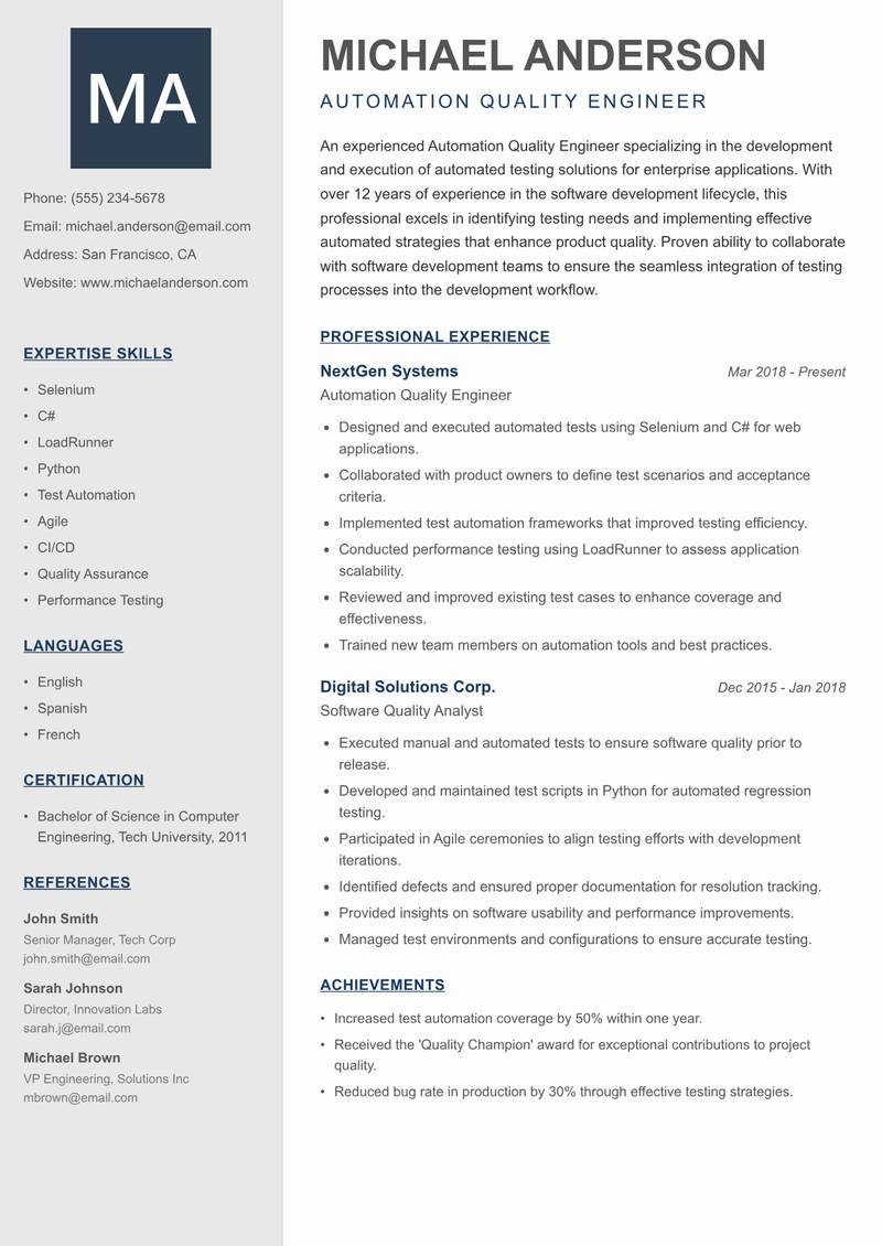 Automation Quality Engineer resume sample — Automation Quality Engineer focus