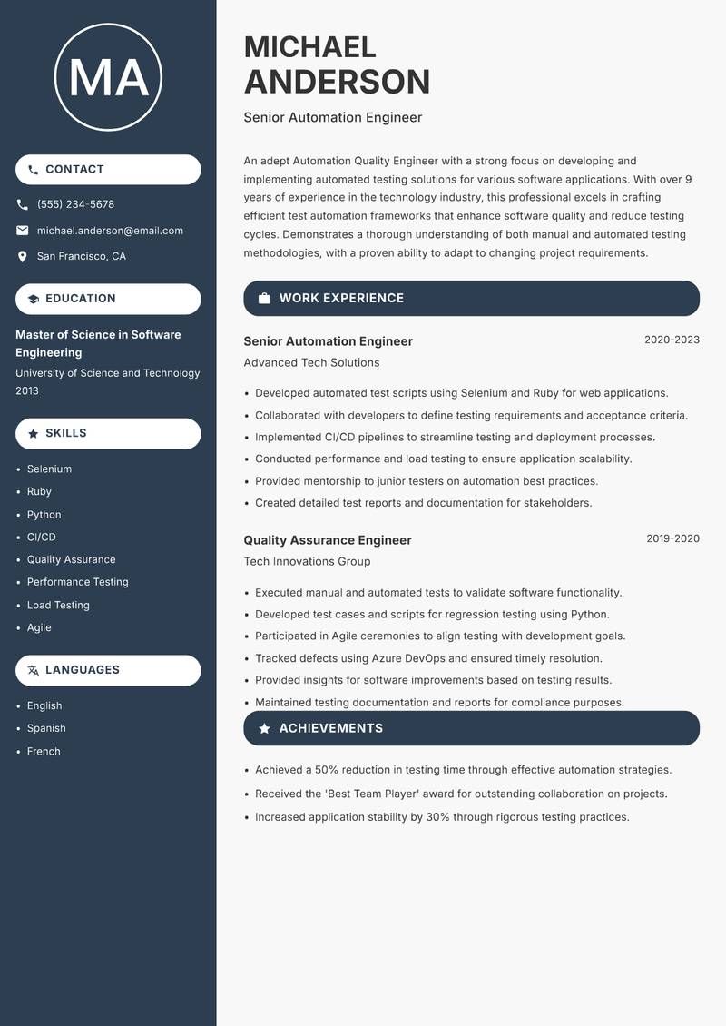 Automation Quality Engineer resume sample — Senior Automation Engineer focus