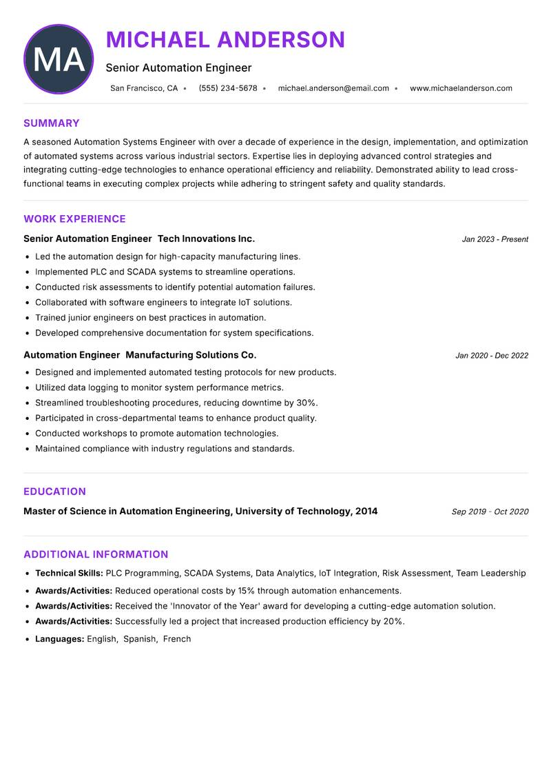 Automation Systems Engineer resume example