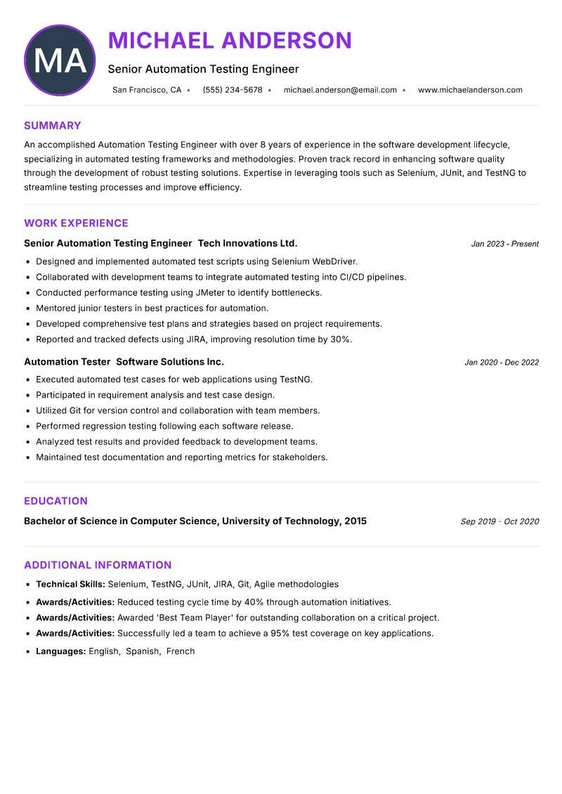 Automation Testing Engineer resume example