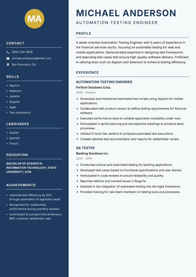 Automation Testing Engineer resume sample — Automation Testing Engineer focus