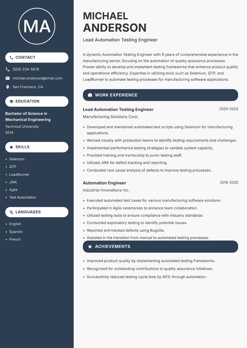 Automation Testing Engineer resume sample — Lead Automation Testing Engineer focus
