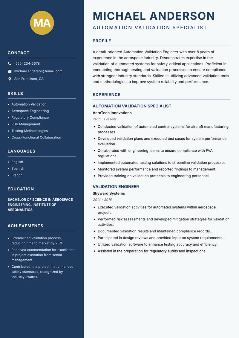 Automation Validation Engineer resume sample — Automation Validation Specialist focus