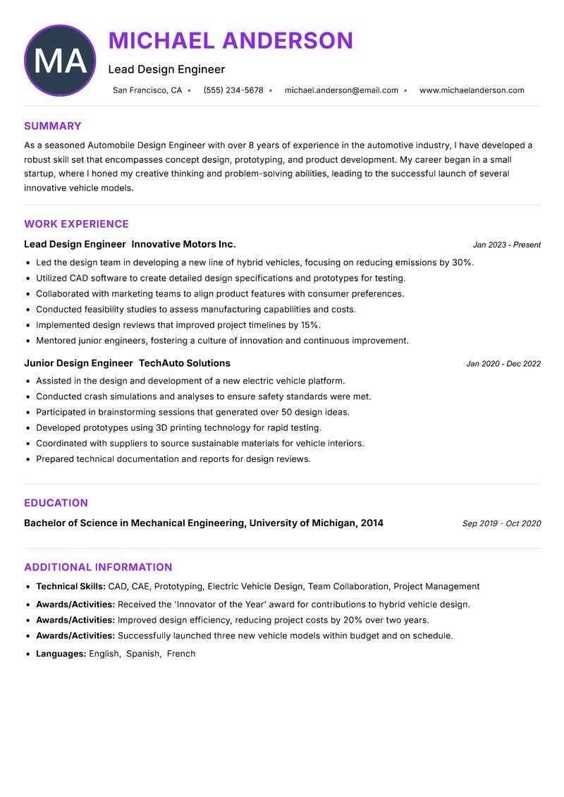 Automobile Design Engineer resume example