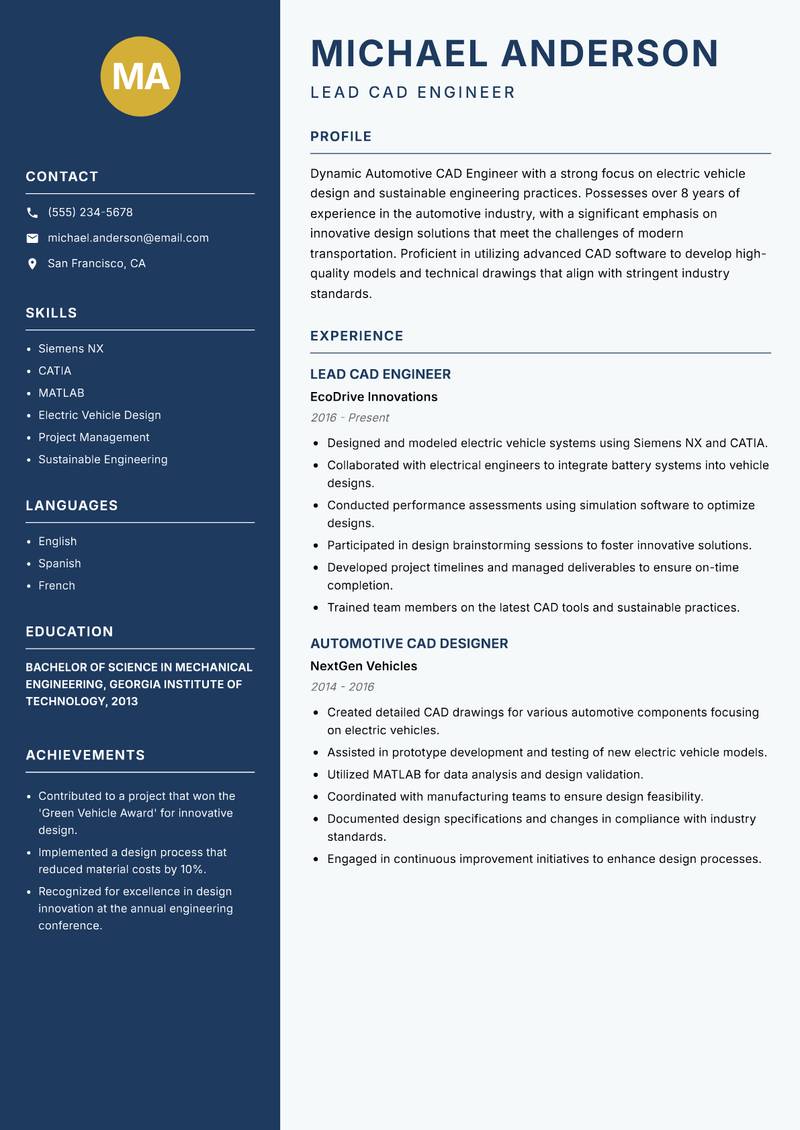 Automotive CAD Engineer resume sample — Lead CAD Engineer focus