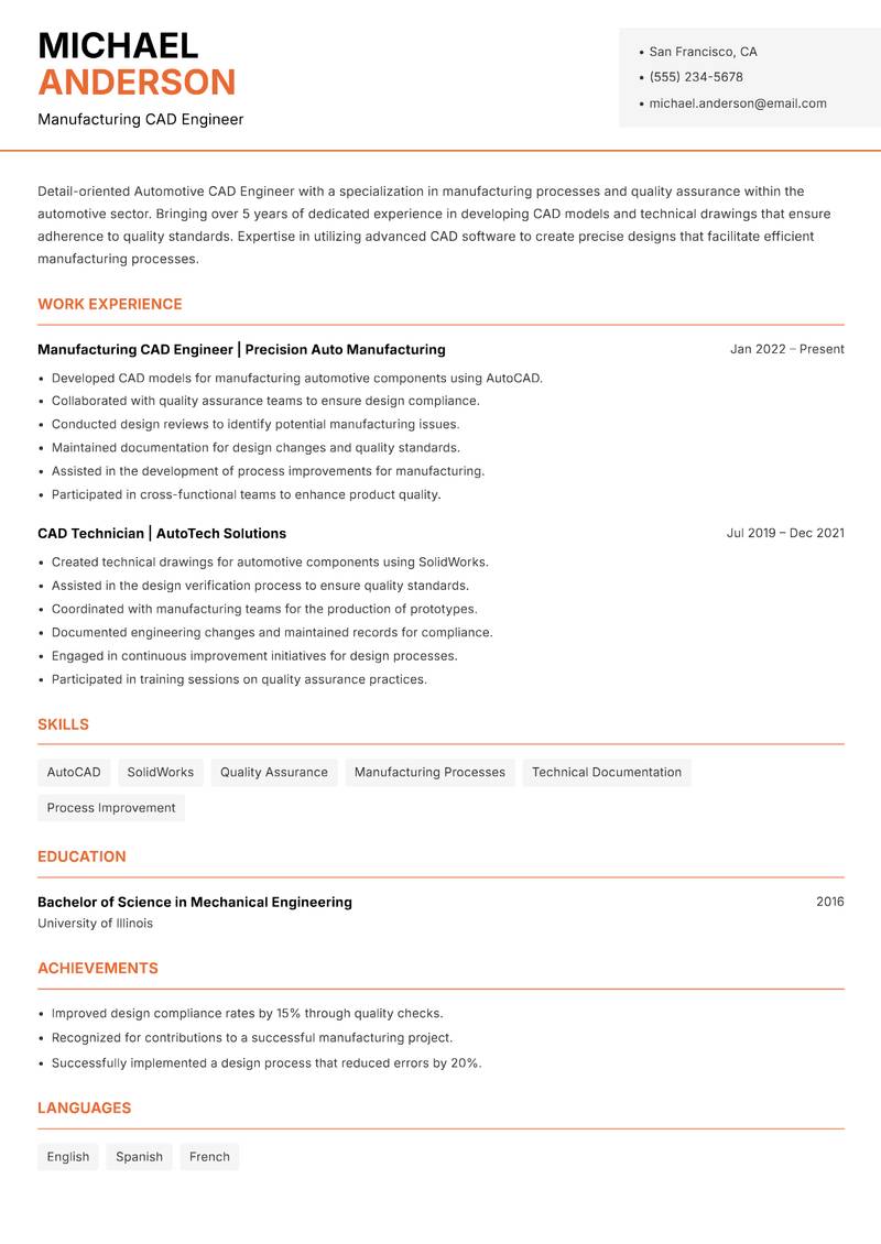 Automotive CAD Engineer resume sample — Manufacturing CAD Engineer focus