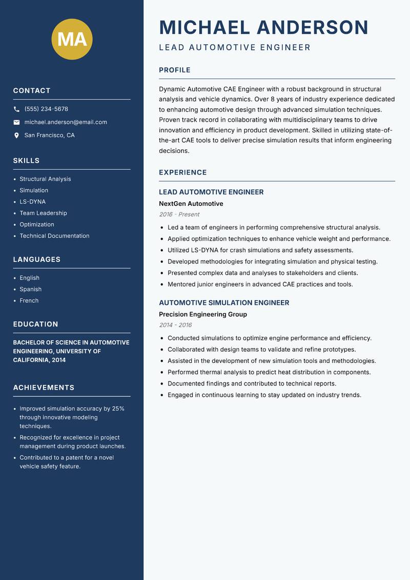 Automotive CAE Engineer resume sample — Lead Automotive Engineer focus