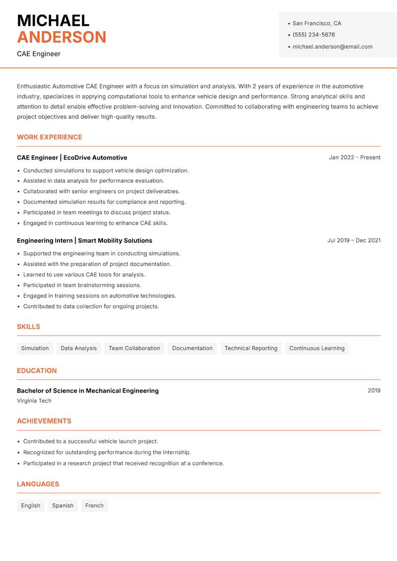 Automotive CAE Engineer resume sample — CAE Engineer focus