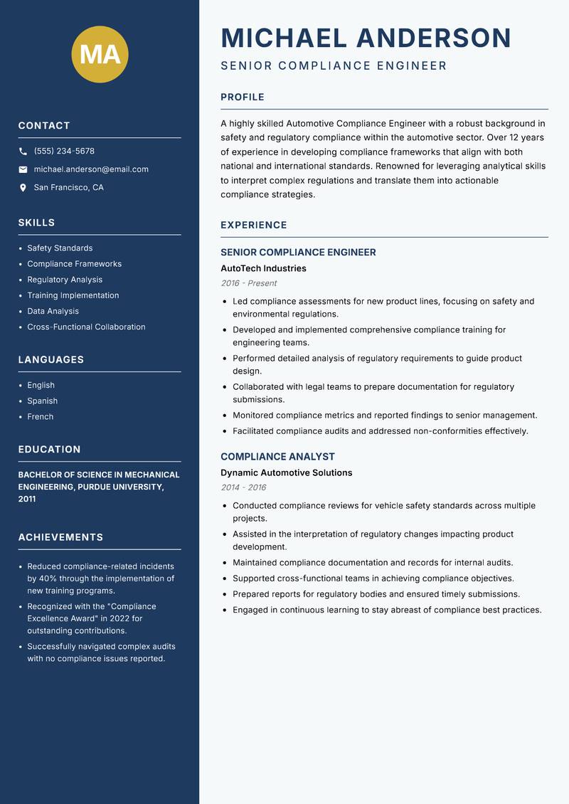 Automotive Compliance Engineer resume sample — Senior Compliance Engineer focus