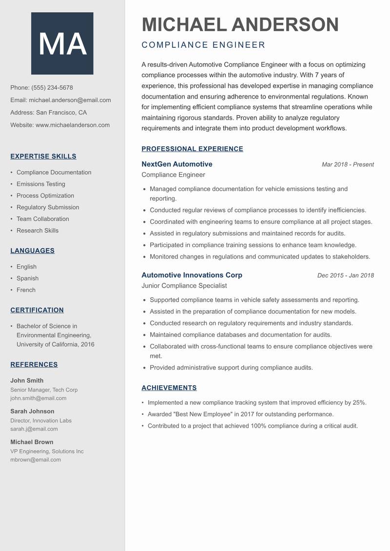 Automotive Compliance Engineer resume sample — Compliance Engineer focus