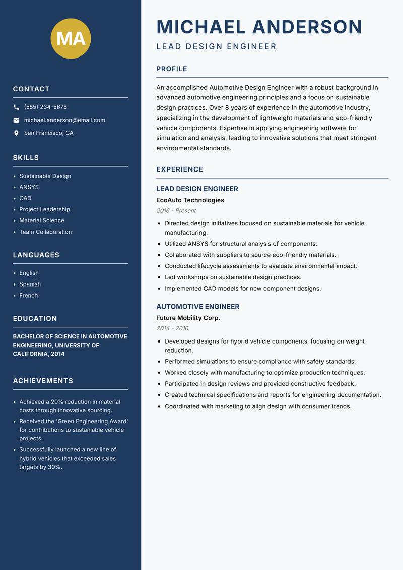 Automotive Design Engineer resume sample — Lead Design Engineer focus
