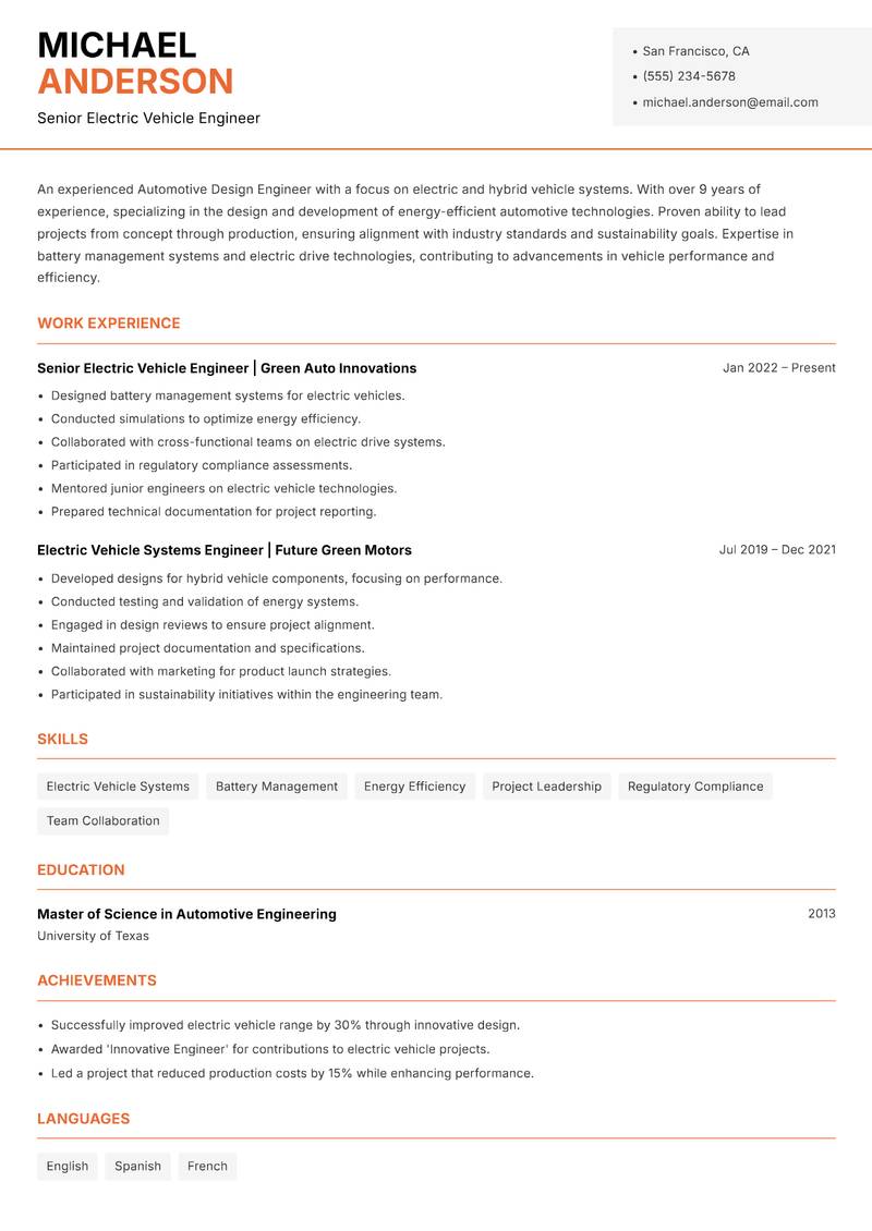 Automotive Design Engineer resume sample — Senior Electric Vehicle Engineer focus