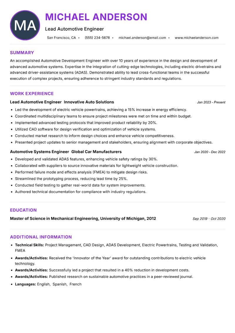 Automotive Development Engineer resume example