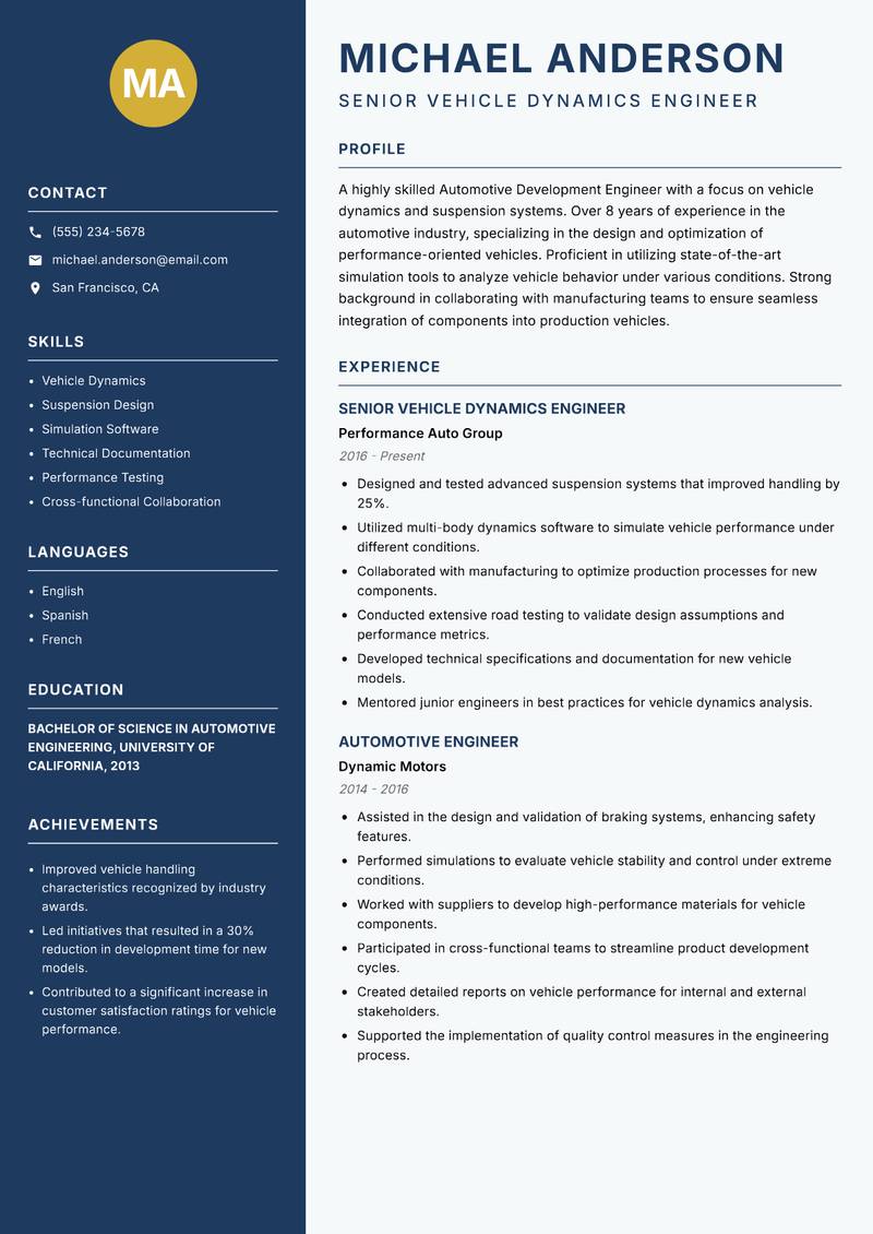 Automotive Development Engineer resume sample — Senior Vehicle Dynamics Engineer focus