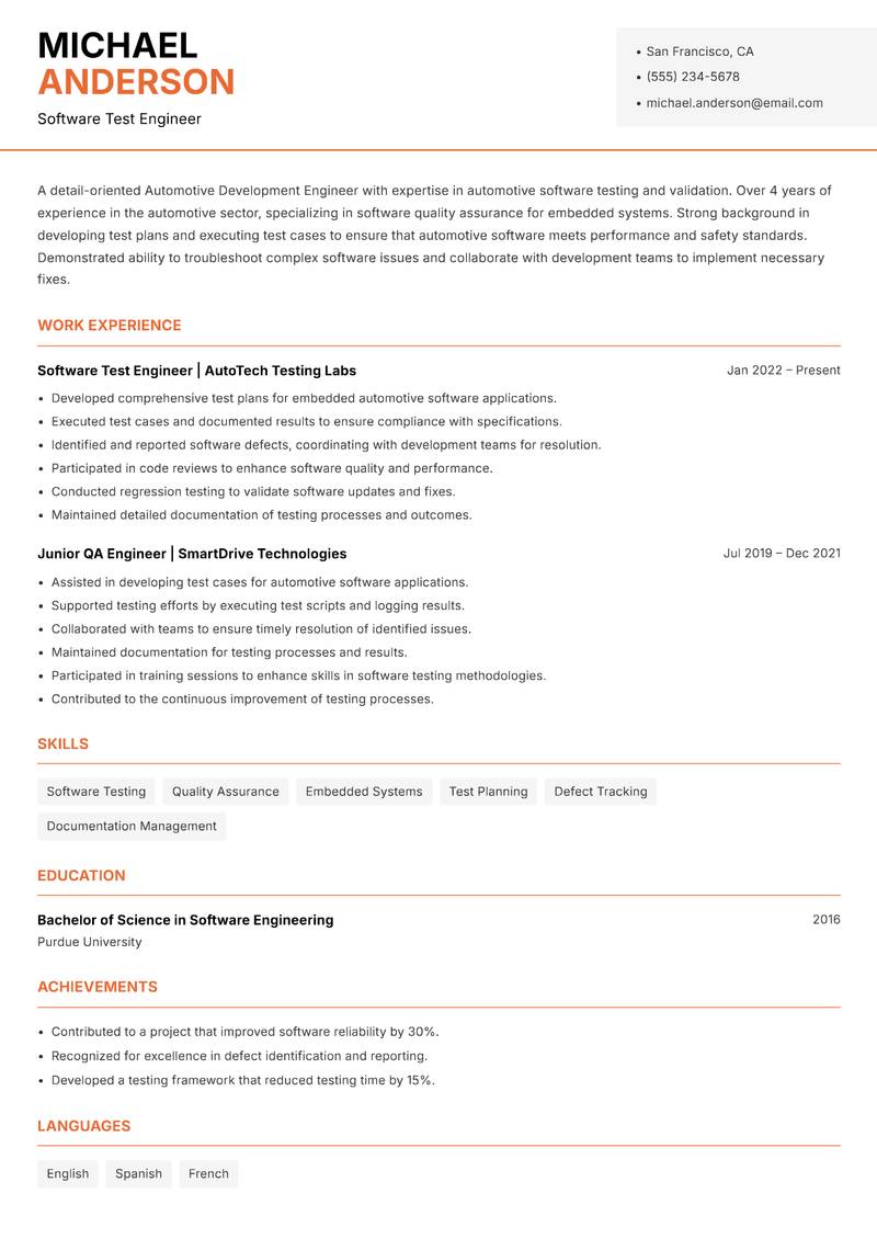 Automotive Development Engineer resume sample — Software Test Engineer focus