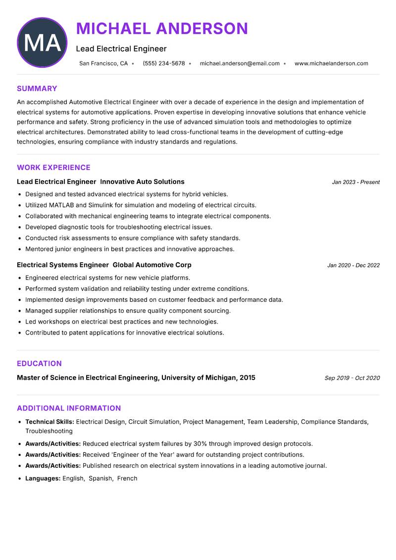Automotive Electrical Engineer resume example