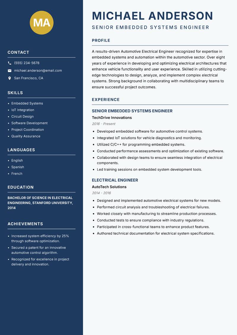 Automotive Electrical Engineer resume sample — Senior Embedded Systems Engineer focus