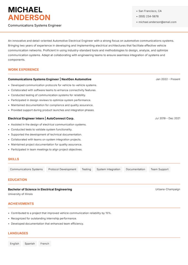 Automotive Electrical Engineer resume sample — Communications Systems Engineer focus