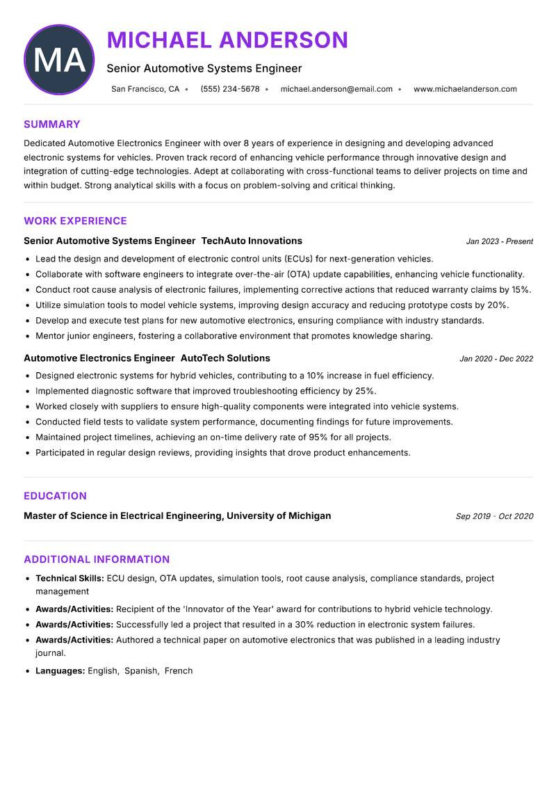 Automotive Electronics Engineer resume example