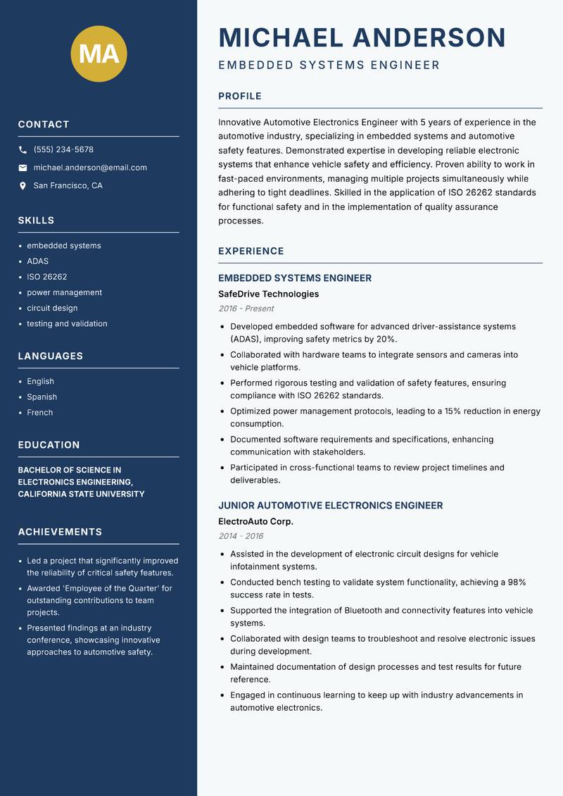 Automotive Electronics Engineer resume sample — Embedded Systems Engineer focus