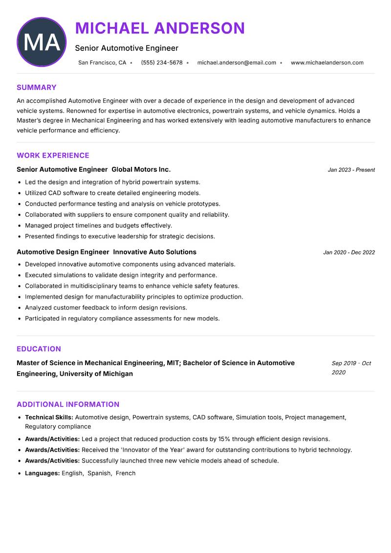 Automotive Engineer resume example
